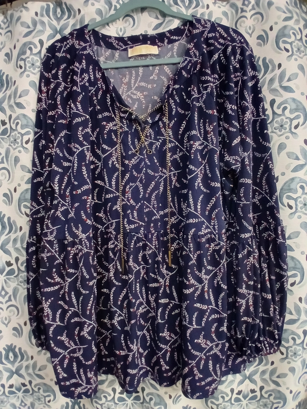 Michael Kors Navy Floral Print Peasant Blouse